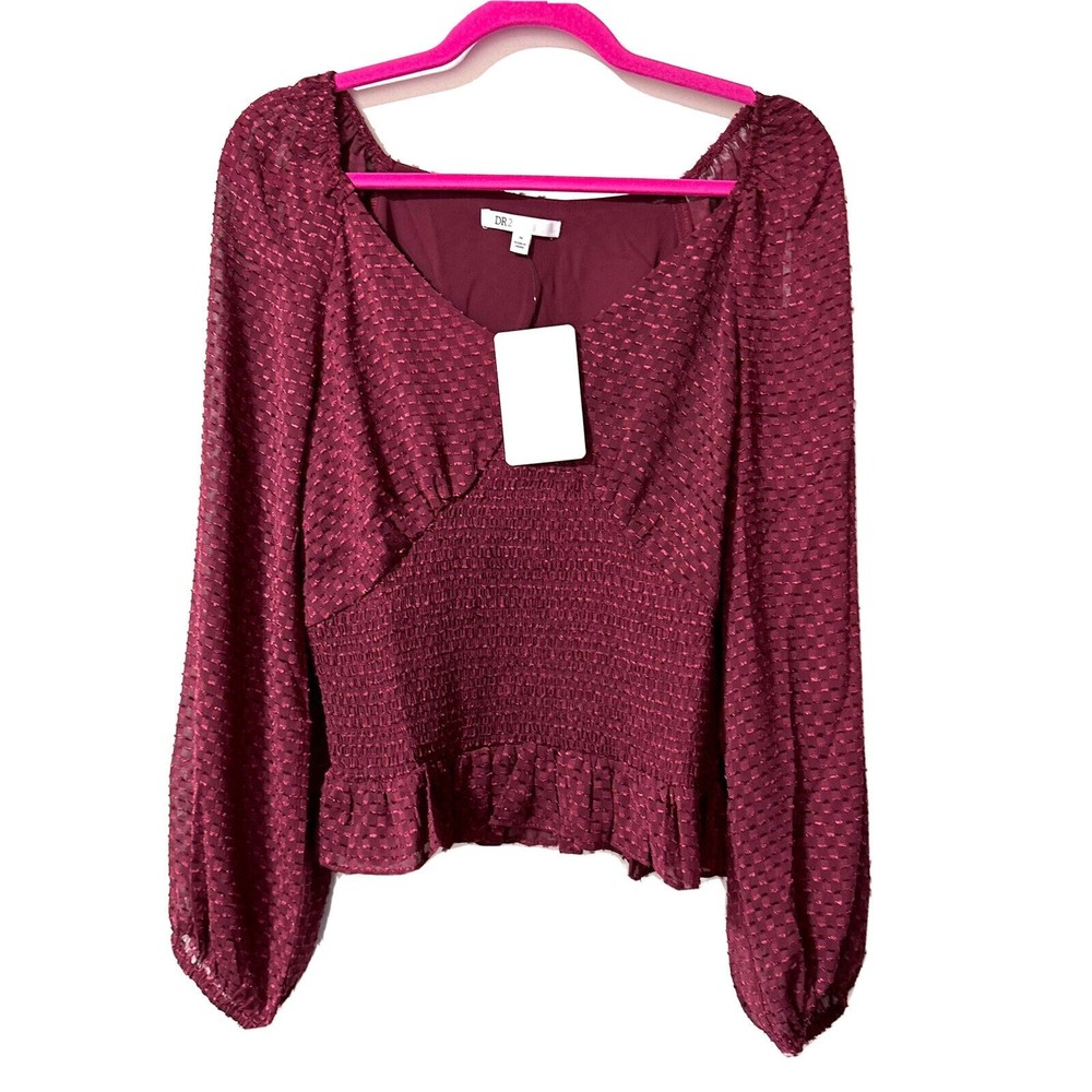 DR2 by Daniel Rainn Blouse Size M Smocked Waist Balloon Sleeve Burgundy Top NWT